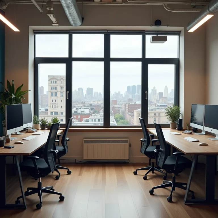 Modern coworking space with large windows, city view, desks, and computers