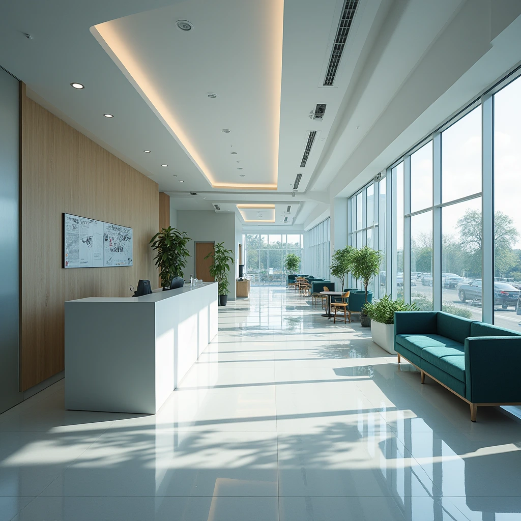 Bright and modern insurance office lobby with large windows, sleek furniture, and indoor plants creating a welcoming atmosphere