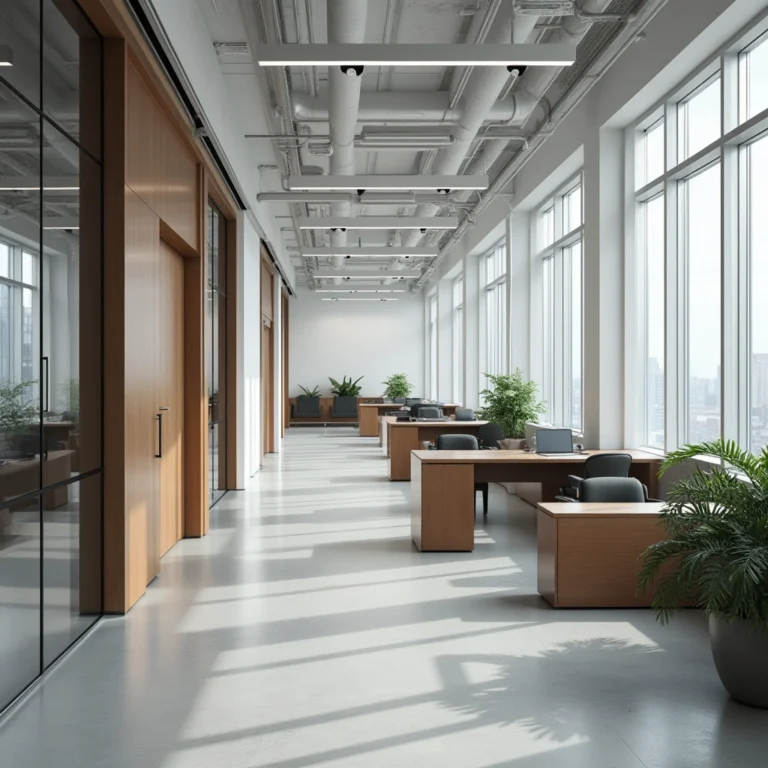 Modern financial office with open layout, wooden desks, large windows, and indoor plants creating a professional ambiance