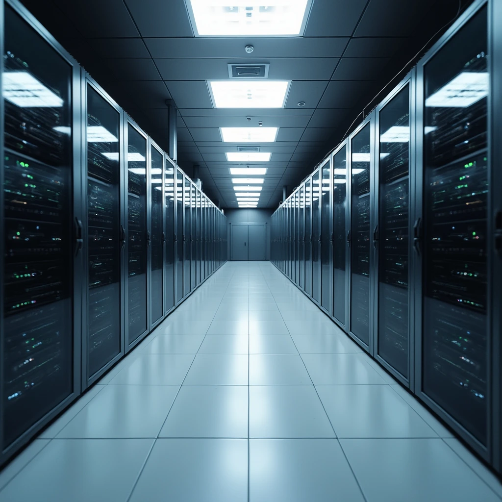 High-tech data center hallway with server racks, bright lighting, and polished floors