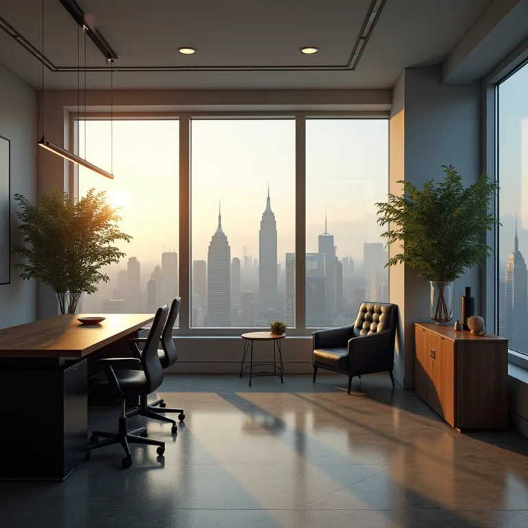 A clean office with large windows and city skyline view at sunset